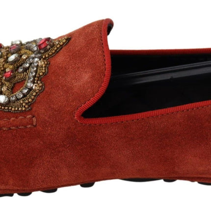 Dolce & Gabbana Orange Leather Crystal Crown  Loafers Shoes
