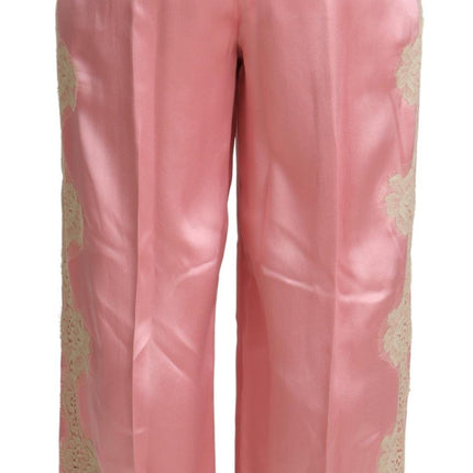 Dolce & Gabbana Pink Lace Trimmed Silk Satin Wide Legs Pants