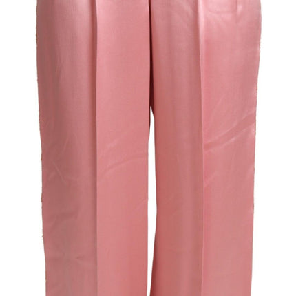 Dolce & Gabbana Pink Lace Trimmed Silk Satin Wide Legs Pants