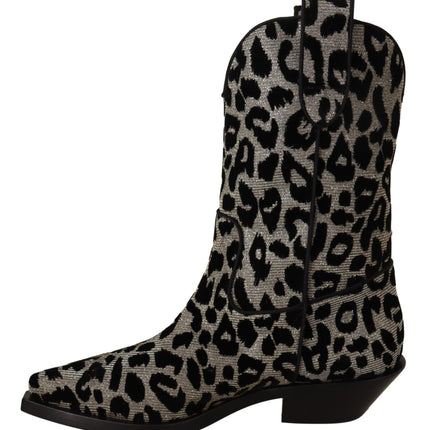 Dolce & Gabbana Gray Black Leopard Cowboy Boots Shoes