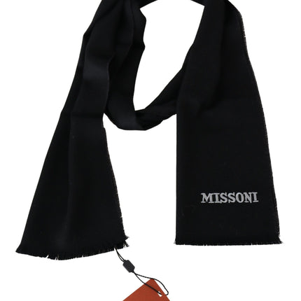 Missoni Black 100% Wool Unisex Neck Wrap Fringes Logo Scarf