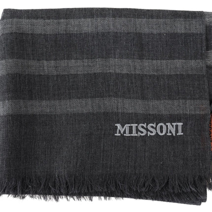 Missoni Gray Striped Wool Unisex Neck Wrap Fringes Scarf