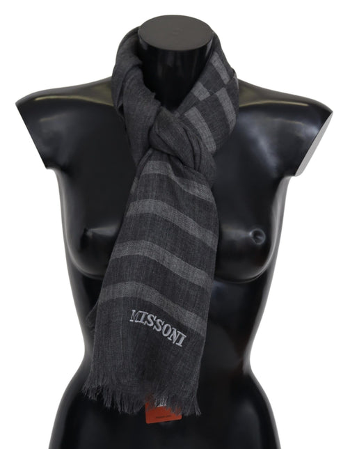 Missoni Gray Striped Wool Unisex Neck Wrap Fringes Scarf