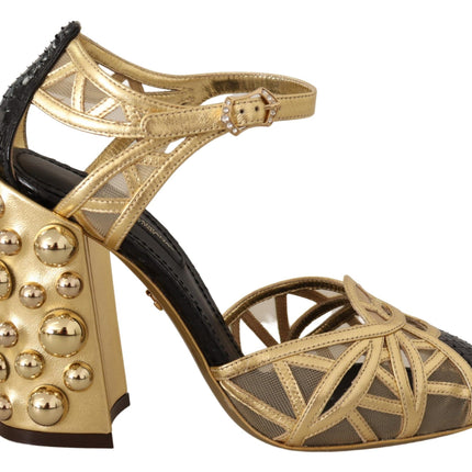 Dolce & Gabbana Black Gold Leather Studded Ankle Straps Shoes