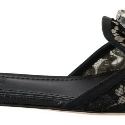 Dolce & Gabbana Black Taormina Lace Slides Crystals Flats Shoes