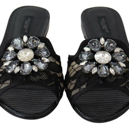 Dolce & Gabbana Black Taormina Lace Slides Crystals Flats Shoes