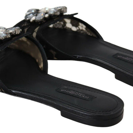 Dolce & Gabbana Black Taormina Lace Slides Crystals Flats Shoes