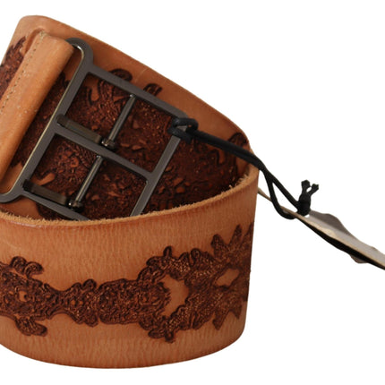 Scervino Street Brown Genuine Leather Black Logo Buckle Belt