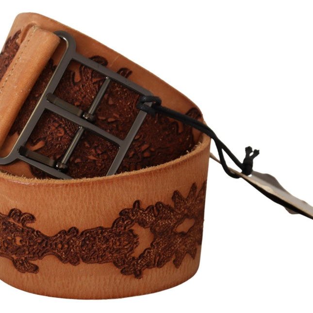 Scervino Street Brown Genuine Leather Black Logo Buckle Belt