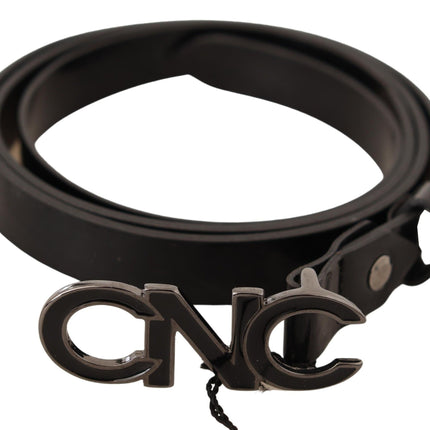 Costume National Black Leather Letter Logo Buckle Belt