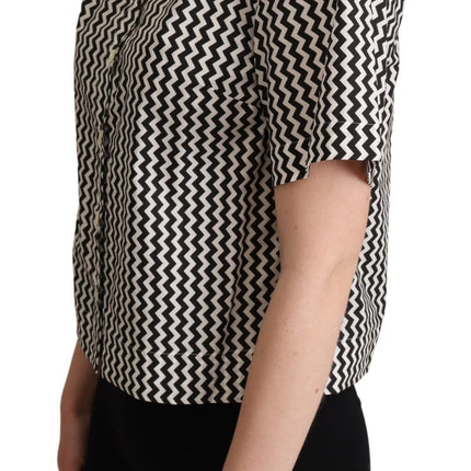 Dolce & Gabbana Black White Zigzag Collar Cotton Top Shirt
