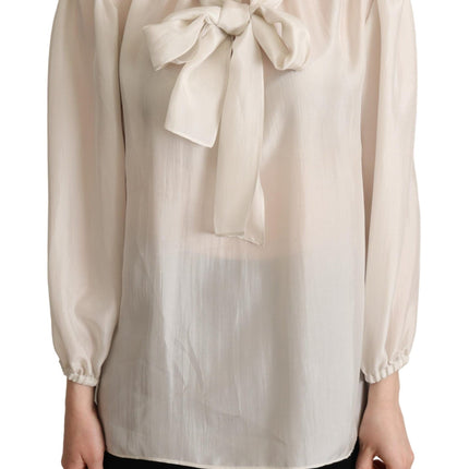 Dolce & Gabbana Light Gray Ascot Collar Shirt Silk Blouse Top