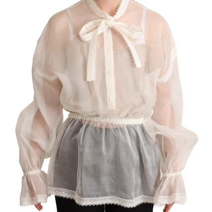 Dolce & Gabbana White Ascot Collar Long Sleeves Blouse Top