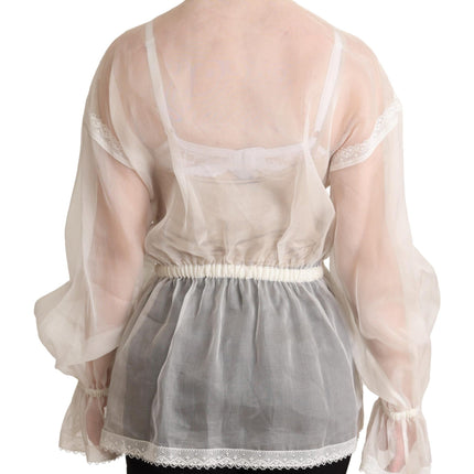 Dolce & Gabbana White Ascot Collar Long Sleeves Blouse Top