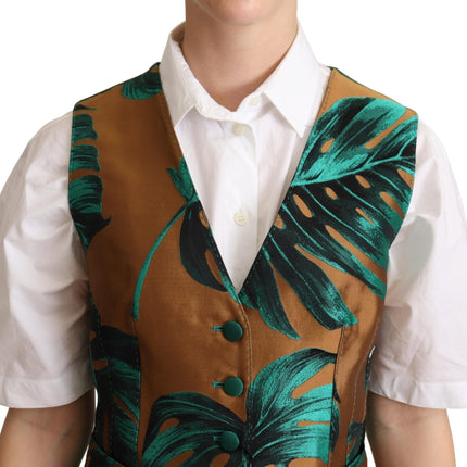 Dolce & Gabbana Green Jacquard Leaf Gold Waistcoat Vest