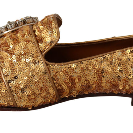 Dolce & Gabbana Gold Sequin Crystal Flat Women Loafers Shoes