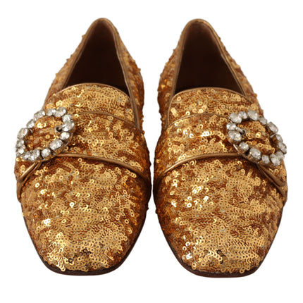 Dolce & Gabbana Gold Sequin Crystal Flat Women Loafers Shoes