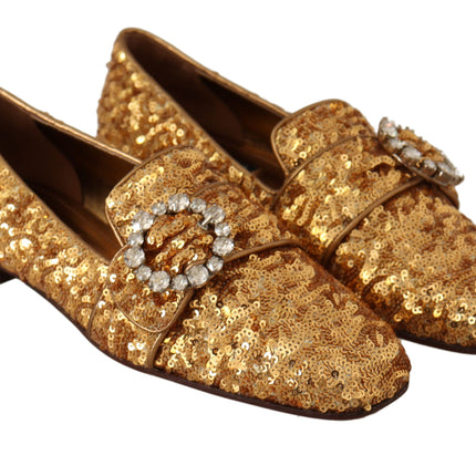 Dolce & Gabbana Gold Sequin Crystal Flat Women Loafers Shoes