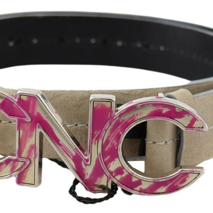 Costume National Beige Leather Pink Letter Logo Buckle Belt