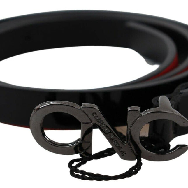 Costume National Black Skinny Leather Logo Buckle Belt