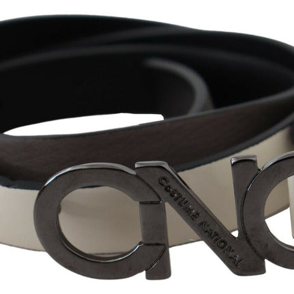 Costume National White Black Leather Letter Logo Buckle Belt