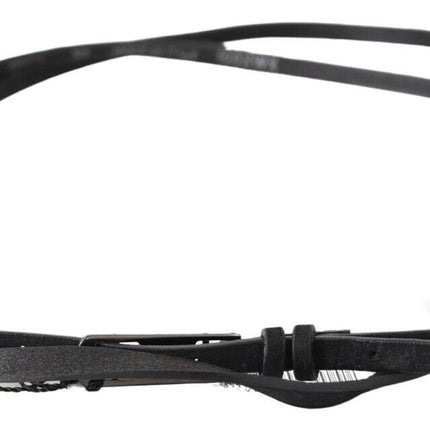Costume National Black Leather Skinny Logo Buckle Belt