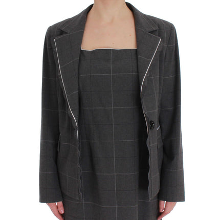 BENCIVENGA Gray Checkered Cotton Blazer Dress Set Suit