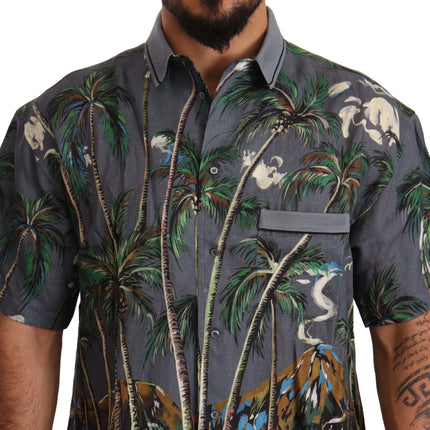 Dolce & Gabbana Gray Linen Tropical Print Collared Shirt