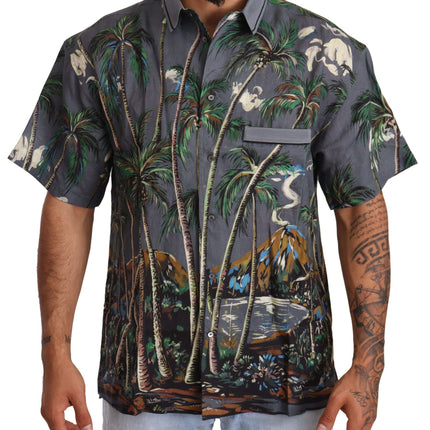 Dolce & Gabbana Gray Linen Tropical Print Collared Shirt