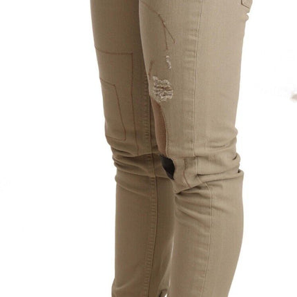 Acht Beige Denim Cotton Bottom Slim Fit Folded Pant