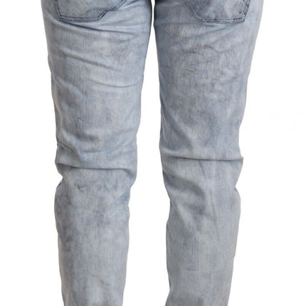 Acht Light Blue Washed Cotton Folded Hem Denim Trouser