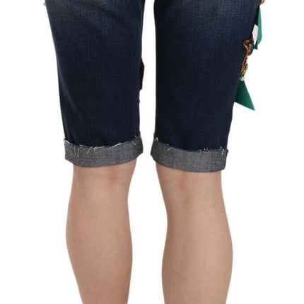 Dolce & Gabbana Blue Denim Mid Waist Crystal Capri Shorts