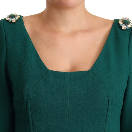 Dolce & Gabbana Green Stretch Crepe Crystal Midi Dress