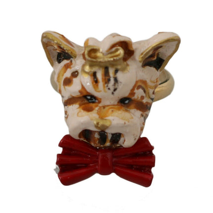 Dolce & Gabbana Beige Dog Pet Branded Accessory Gold Brass Resin Ring