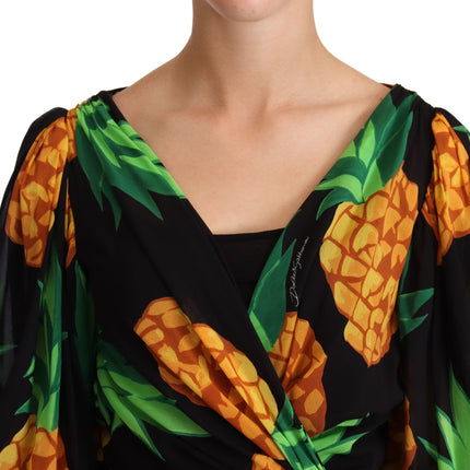 Dolce & Gabbana Black Ananas Print Wrap Stretch Silk Dress
