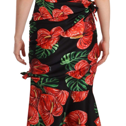 Dolce & Gabbana Black Shiny Silk Floral Print Draped Dress