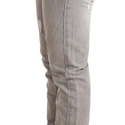 Acht Gray Tattered Cotton Slim Fit Folded Hem Women Denim Jeans
