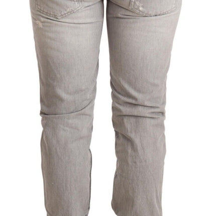 Acht Gray Tattered Cotton Slim Fit Folded Hem Women Denim Jeans