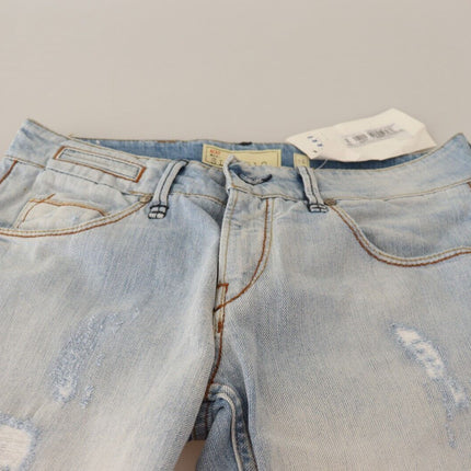 Acht Light Blue Distressed Cotton Folded Hem Denim Trouser Jeans