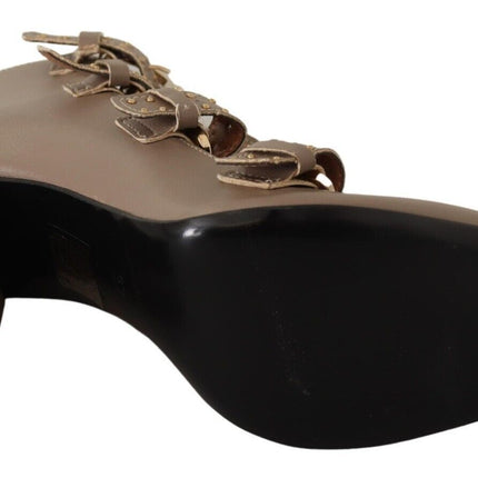 MY TWIN Brown Leather Block Heels Multi Buckle Pumps Shoes