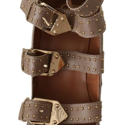 MY TWIN Brown Leather Block Heels Multi Buckle Pumps Shoes