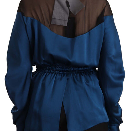 Masha Ma Blue Silk Long Sleeves Elastic Waist Top Blouse