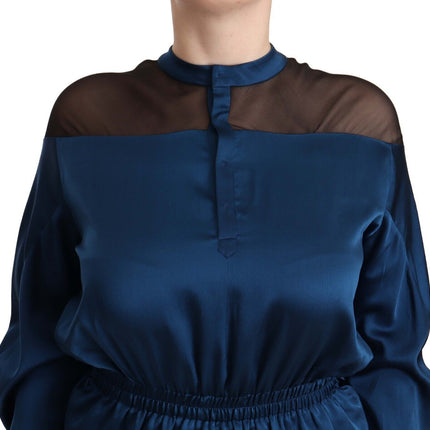 Masha Ma Blue Silk Long Sleeves Elastic Waist Top Blouse