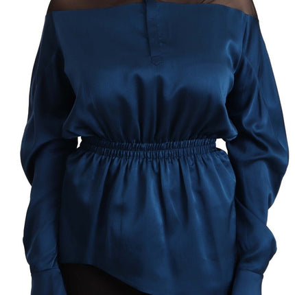 Masha Ma Blue Silk Long Sleeves Elastic Waist Top Blouse