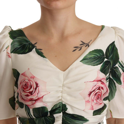 Dolce & Gabbana White Roses Print Stretch Silk Pleated Dress