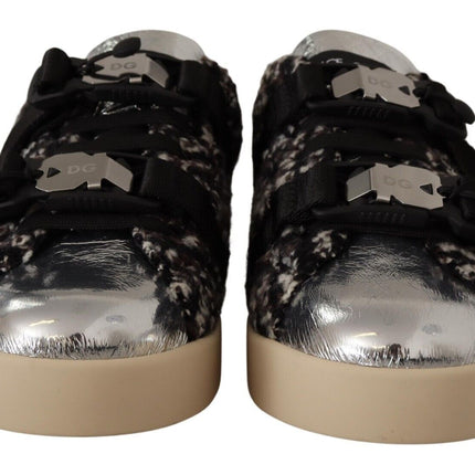 Dolce & Gabbana Silver Leather Brown Cotton Wool Sneakers Shoes