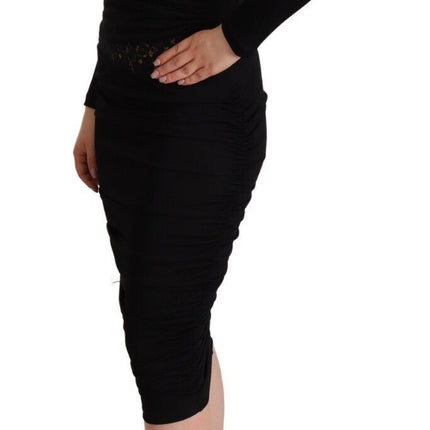 GF Ferre Black Long Sleeves Sweetheart Neck Midi Dress