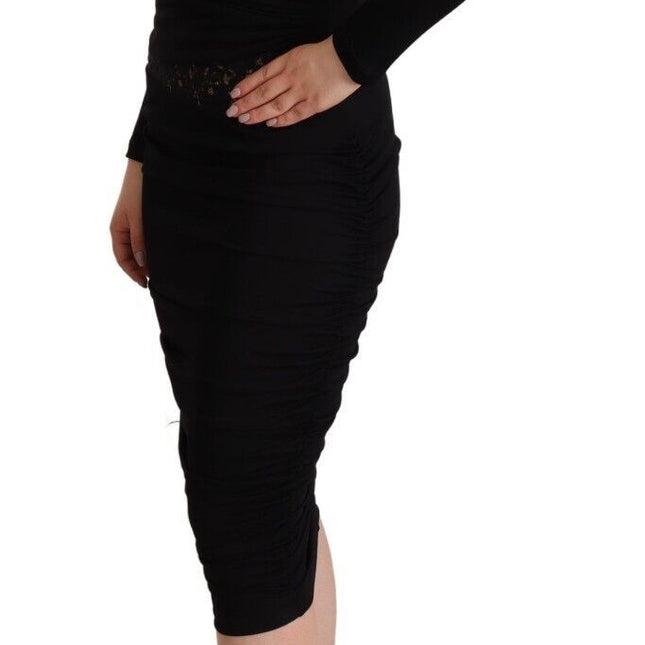 GF Ferre Black Long Sleeves Sweetheart Neck Midi Dress
