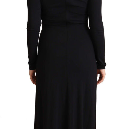 PINKO Black Nylon Stretch Long Sleeves Deep V-neck Maxi Dress