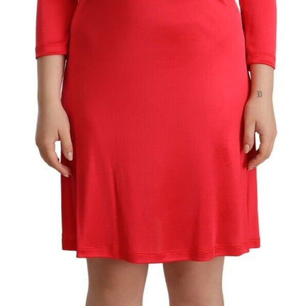 John Galliano Red Viscose 3/4 Sleeves Deep Round Neck Sheath Dress